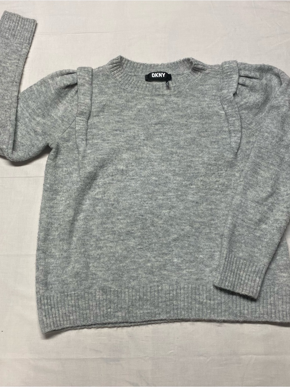 DKNY Light Heather Gray Crewneck Puff Shoulder Sweater